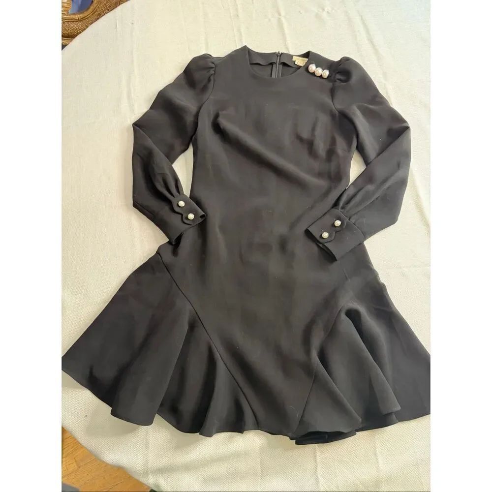 Shoshanna Women's Dara Black Pearl Long Sleeve Crew Mini Flare Dress Size 0